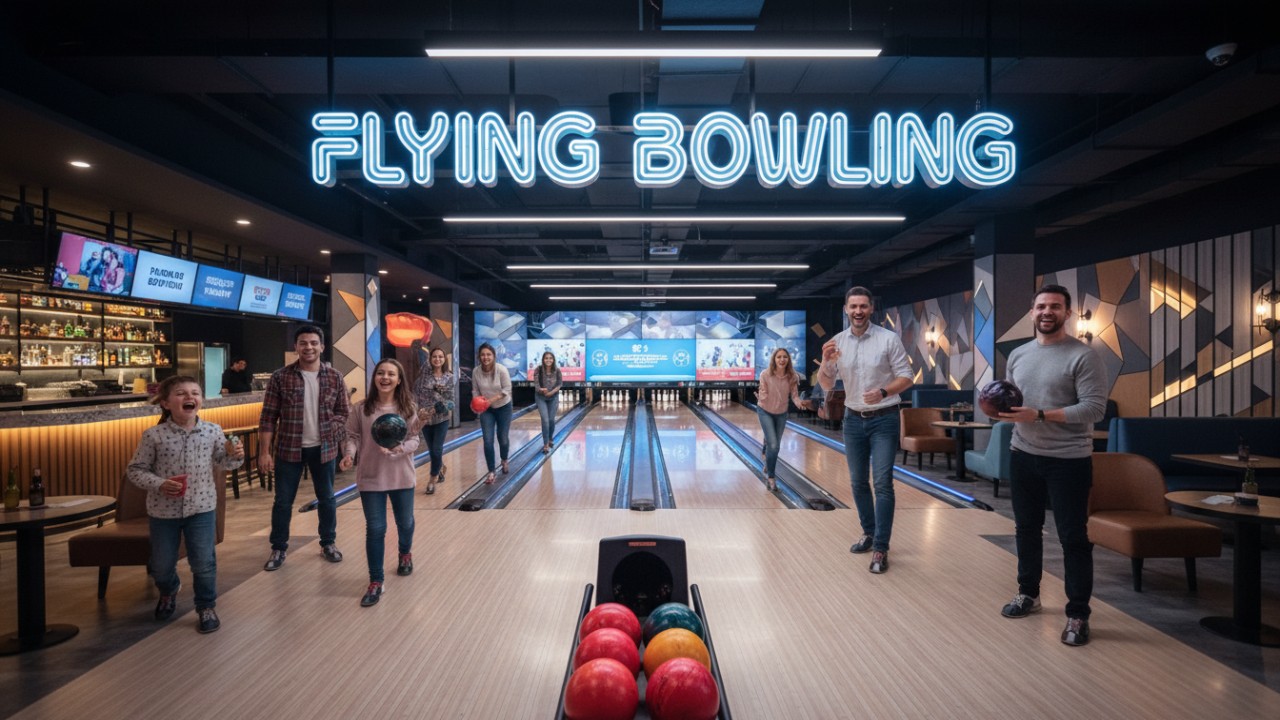 A busy and successful bowling alley interior with many lanes and a large Flying Bowling sign hanging from the ceiling.