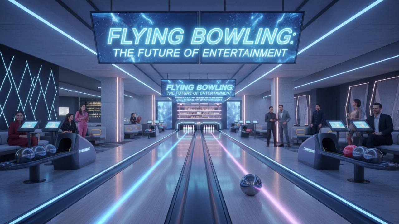 A cinematic view of a futuristic bowling alley with the words Flying Bowling: The Future of Entertainment displayed on the overhead monitors.