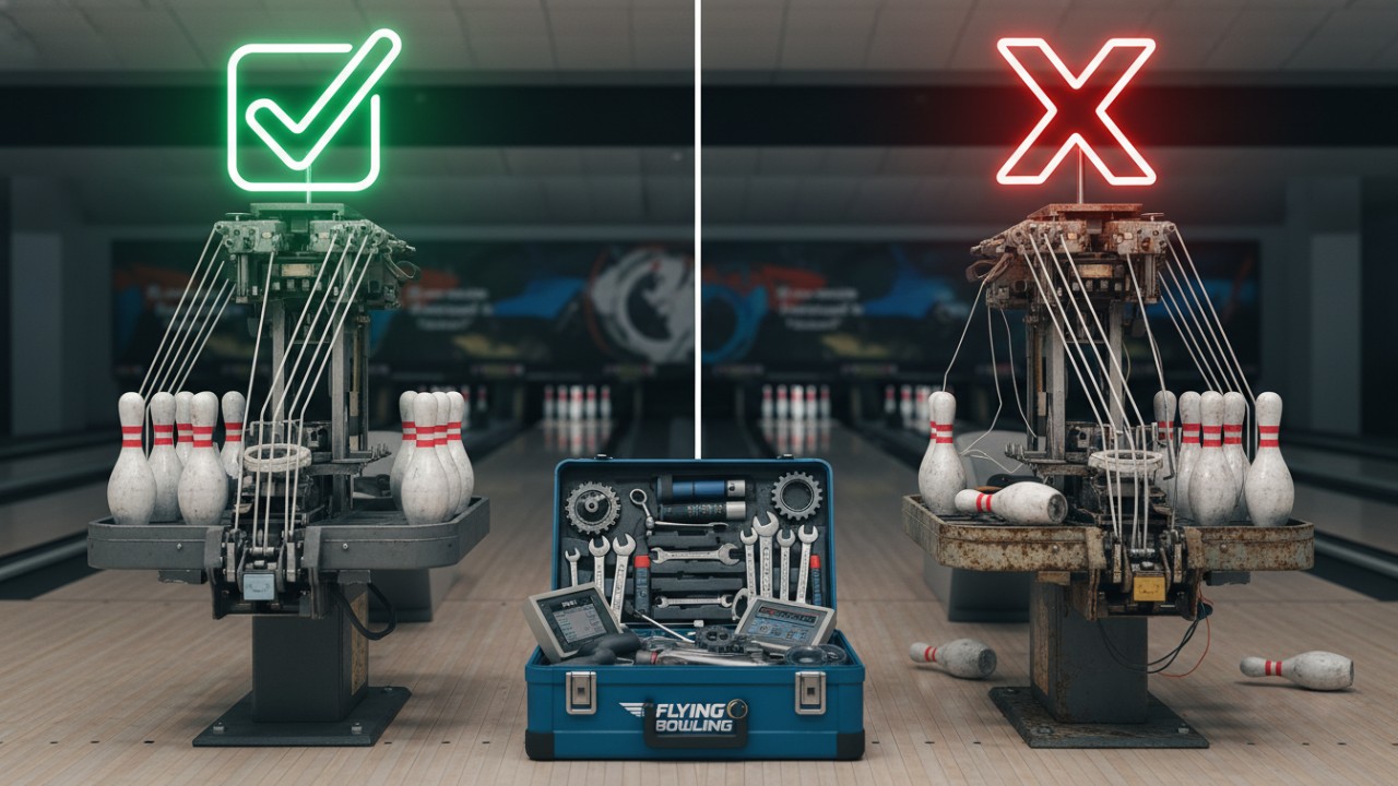 A conceptual flat vector illustration comparing correct maintenance tips with common mistakes for string pinsetters featuring a Flying Bowling branded tool box A conceptual flat vector illustration comparing correct maintenance tips with common mistakes for string pinsetters featuring a Flying Bowling branded tool box