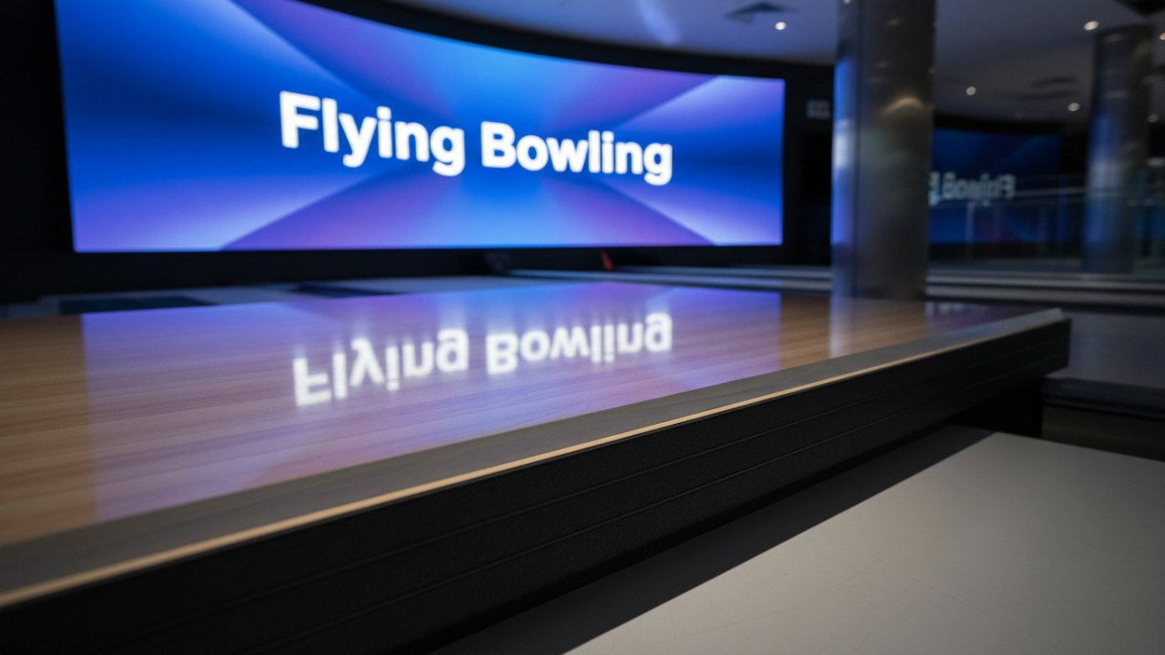 A detailed 3D cross-section of a synthetic bowling lane showing its layered laminate construction with Flying Bowling branding on a background screen.