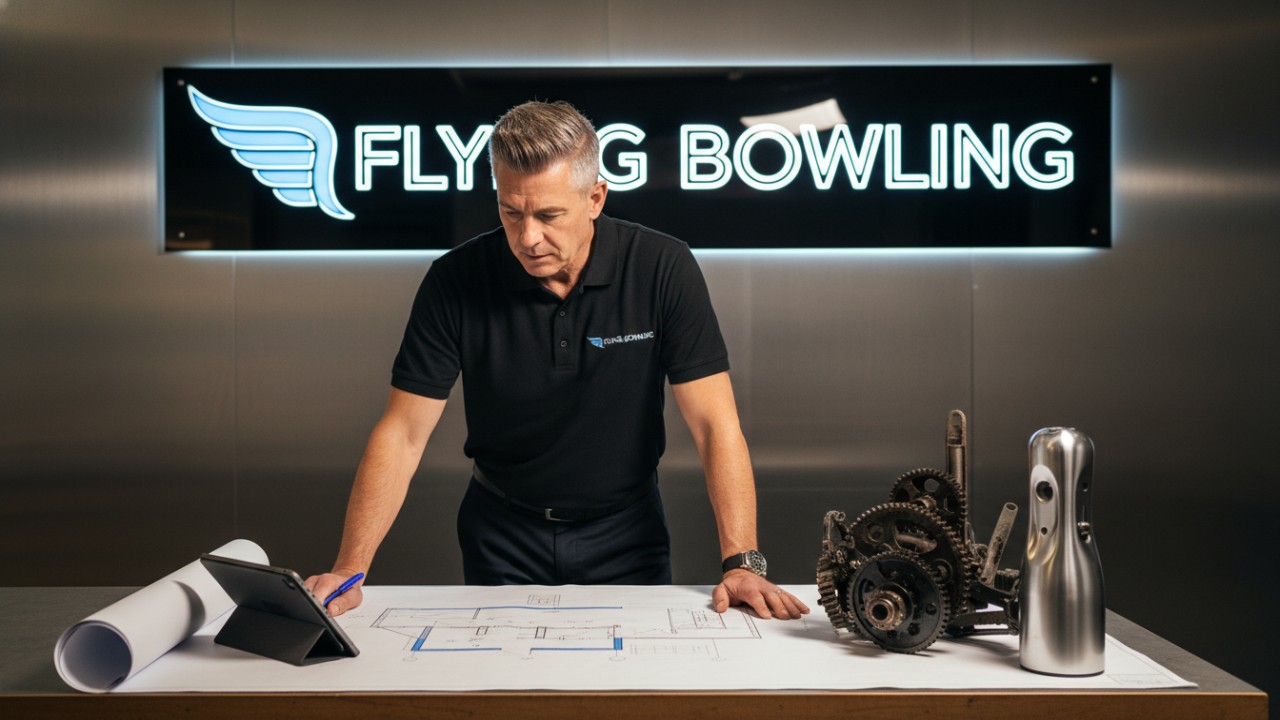 A digital illustration showing a bowling alley operator planning an upgrade with Flying Bowling equipment in a modern workshop