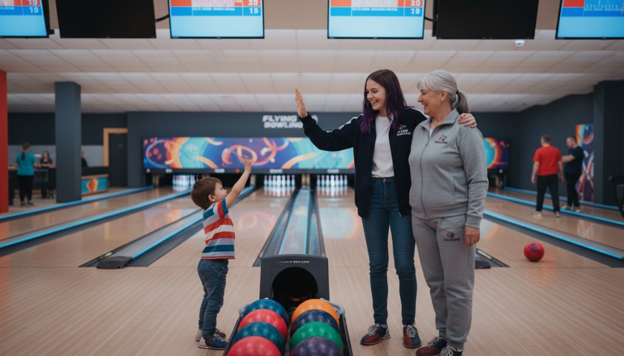 A diverse group of bowlers of different ages celebrating at a modern bowling alley A diverse group of bowlers of different ages celebrating at a modern bowling alley