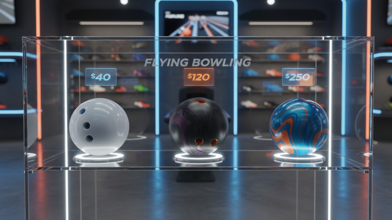 A futuristic 2026 pro shop display showcasing various bowling balls with holographic price tags and the Flying Bowling brand name etched on the glass A futuristic 2026 pro shop display showcasing various bowling balls with holographic price tags and the Flying Bowling brand name etched on the glass