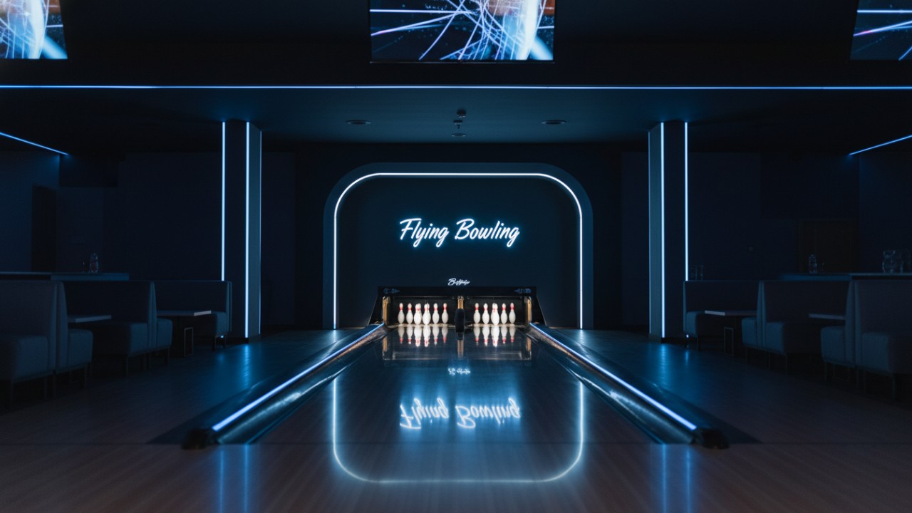 A futuristic and high end bowling lane interior featuring a prominent Flying Bowling sign above the pin deck A futuristic and high end bowling lane interior featuring a prominent Flying Bowling sign above the pin deck