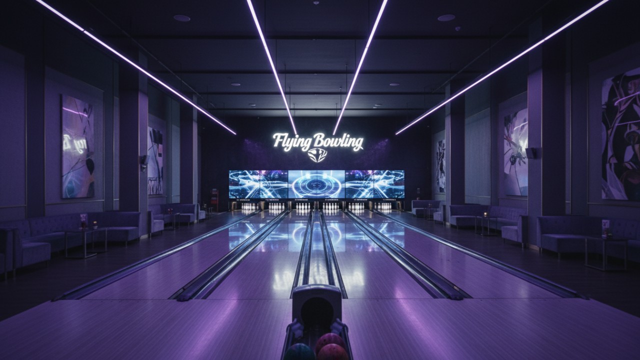 A luxurious finished bowling center featuring a large glowing Flying Bowling sign on the far wall.