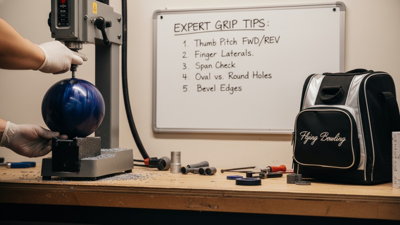 A professional bowling ball drilling machine in a workshop with a Flying Bowling equipment bag in the background A professional bowling ball drilling machine in a workshop with a Flying Bowling equipment bag in the background