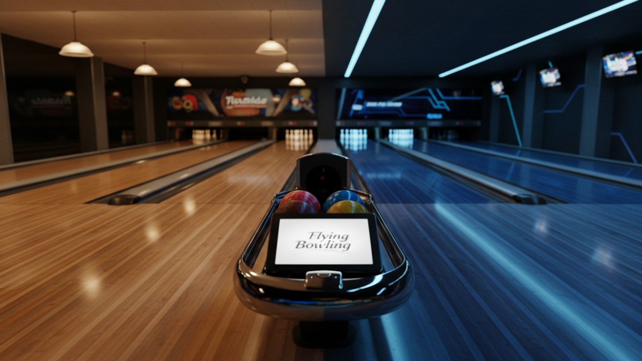 A side-by-side visual comparison between traditional wood and modern synthetic bowling lanes with Flying Bowling branding on the ball return.
