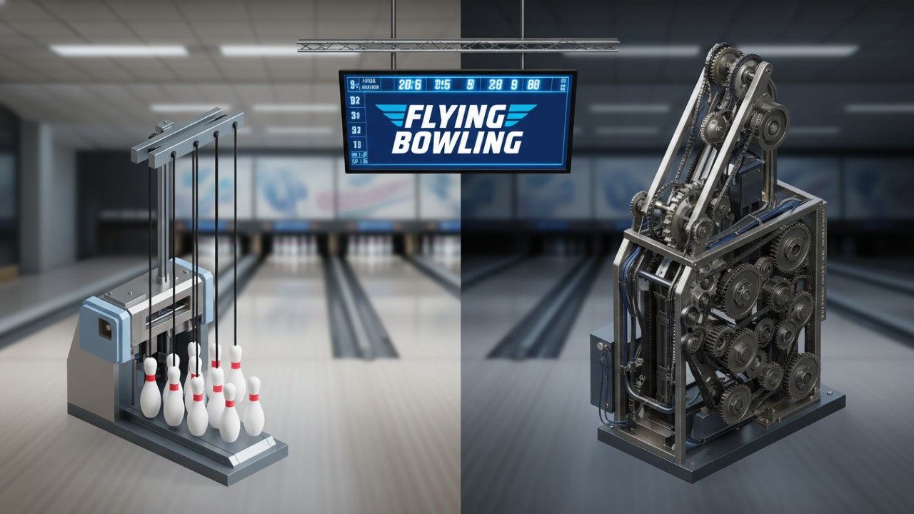 A split screen comparison of a simple string pinsetter mechanism and a complex traditional free fall system with Flying Bowling branding A split screen comparison of a simple string pinsetter mechanism and a complex traditional free fall system with Flying Bowling branding