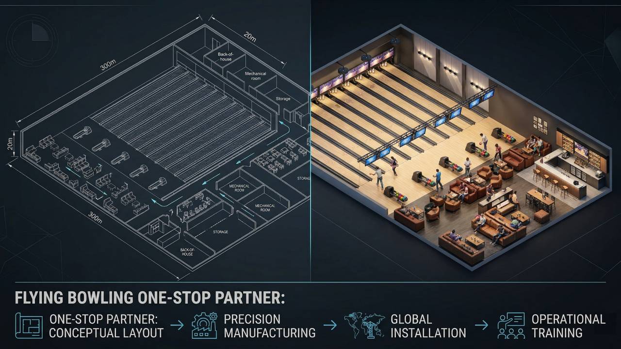 A split-screen illustration showing a conceptual 12-lane bowling alley CAD layout with measurements (300m x 20m) transitioning into a fully completed, bustling 3D operational venue, visualizing Flying Bowling's turnkey services A split-screen illustration showing a conceptual 12-lane bowling alley CAD layout with measurements (300m x 20m) transitioning into a fully completed, bustling 3D operational venue, visualizing Flying Bowling's turnkey services