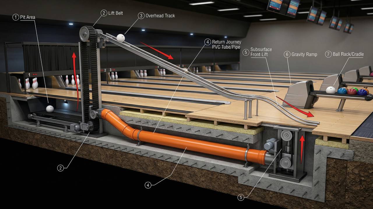 A technical 3D cross-section diagram showing the 7-step mechanical process of a bowling ball return system, including the subsurface return tube and lift belt mechanisms