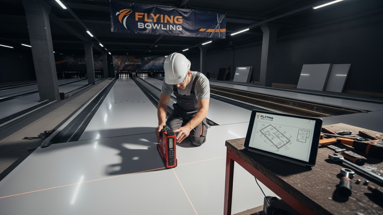 A technician using precision tools to install a bowling lane with Flying Bowling technical documents visible on a tablet.