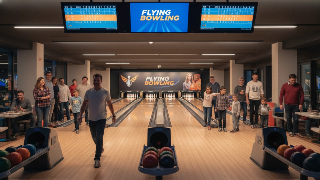 A vibrant and successful bowling center interior with operational string pinsetters and a large Flying Bowling brand logo on the digital scoreboard A vibrant and successful bowling center interior with operational string pinsetters and a large Flying Bowling brand logo on the digital scoreboard