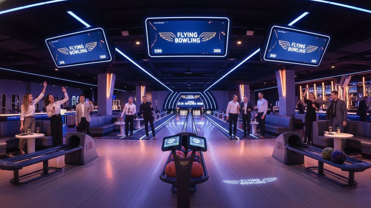 A vibrant and successful modern bowling alley with multiple lanes and Flying Bowling branding visible on digital screens