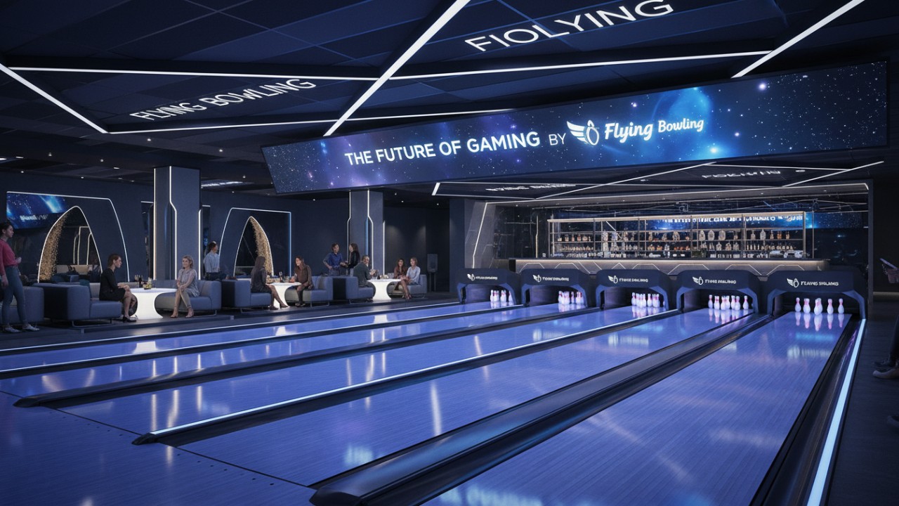 A wide view of a modern bowling center with glowing synthetic lanes and the Flying Bowling brand name on a digital marquee.