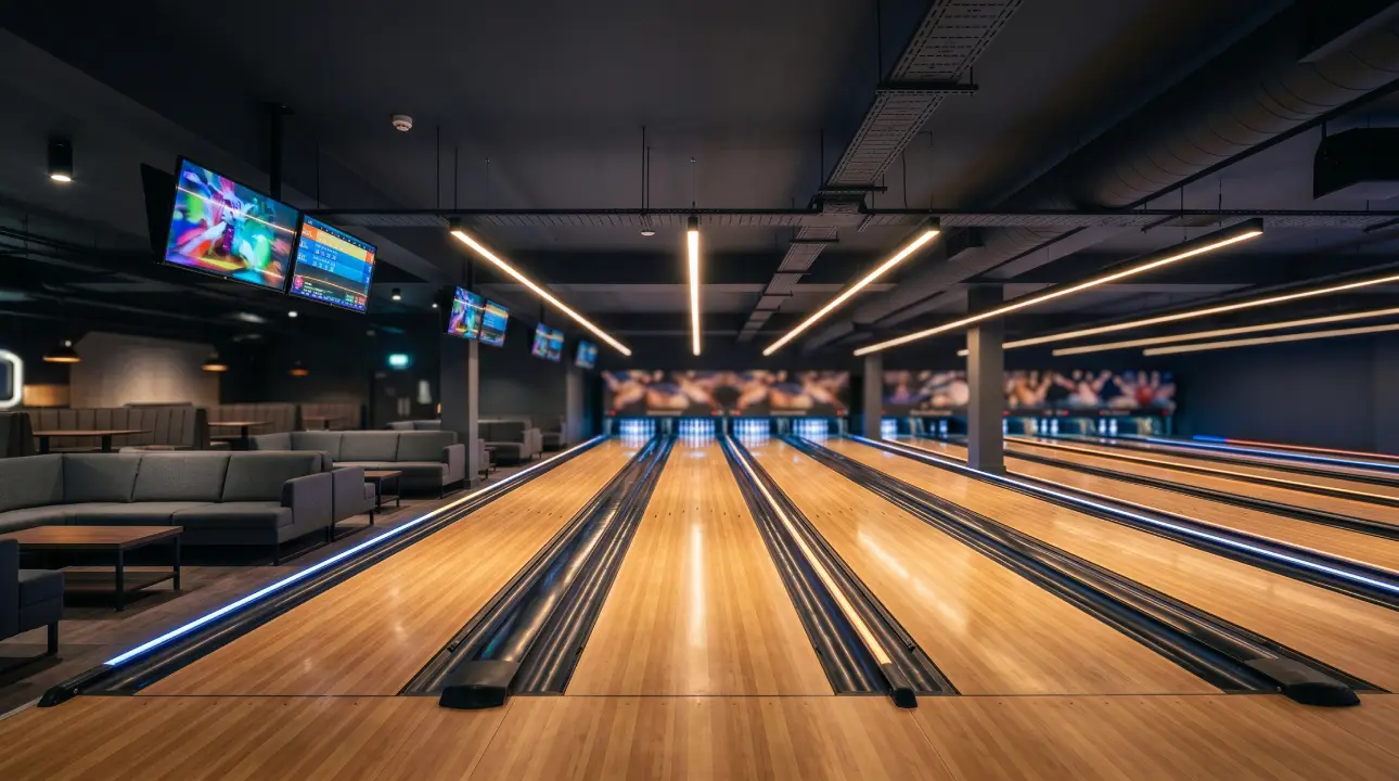 Berapa biaya membangun arena bowling di Inggris — interior tempat komersial modern 6 jalur?