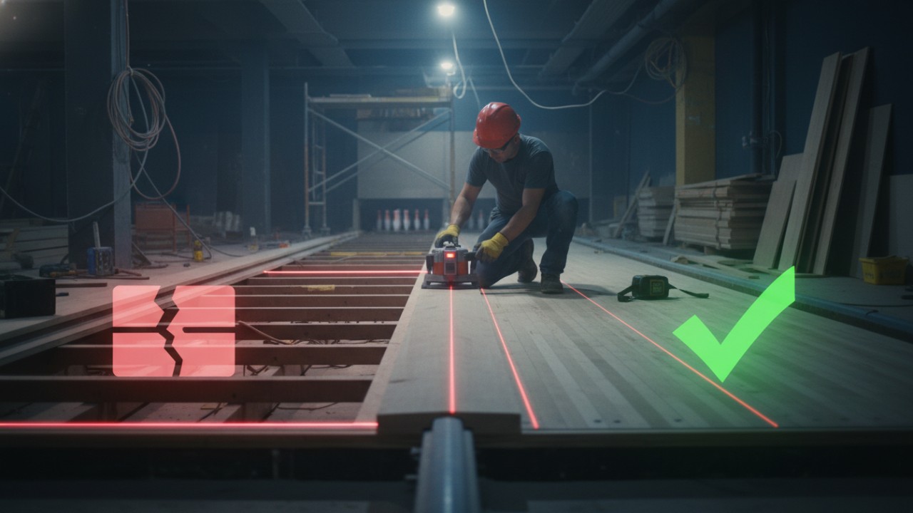 A_construction_worker_using_precision_tools_to_level_a_bowling_lane__illustrating_the_difference_between_expert_installation_and_common_mistakes_