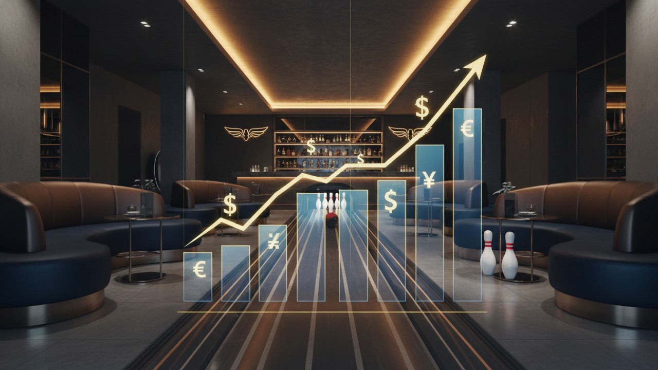 A_professional_graphic_showing_a_profitability_chart_rising_over_a_modern__stylish_boutique_bowling_alley_interior_