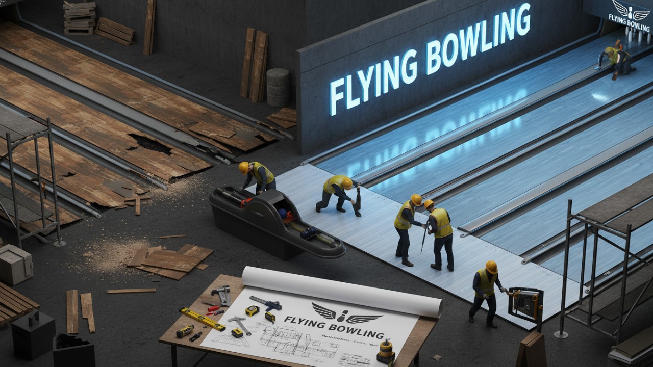 An isometric illustration of a bowling alley being upgraded to synthetic lanes with a Flying Bowling logo on a blueprint.
