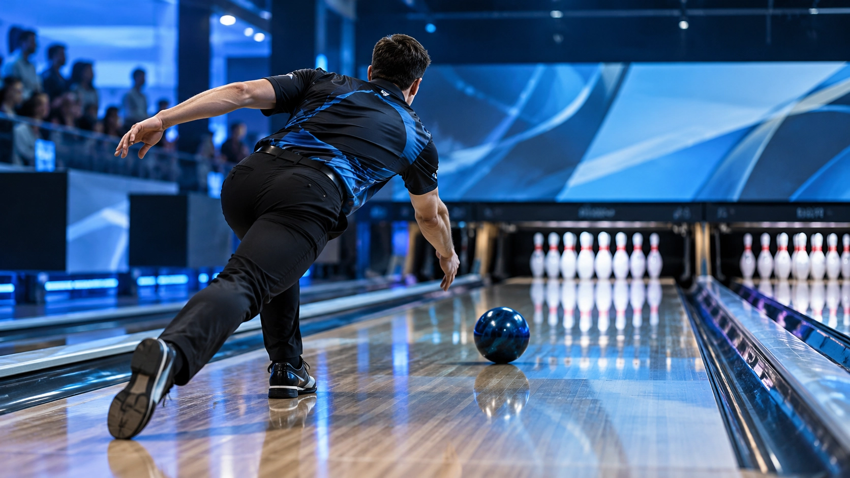 Professional bowler releasing a bowling ball toward the pins in a modern bowling alley.