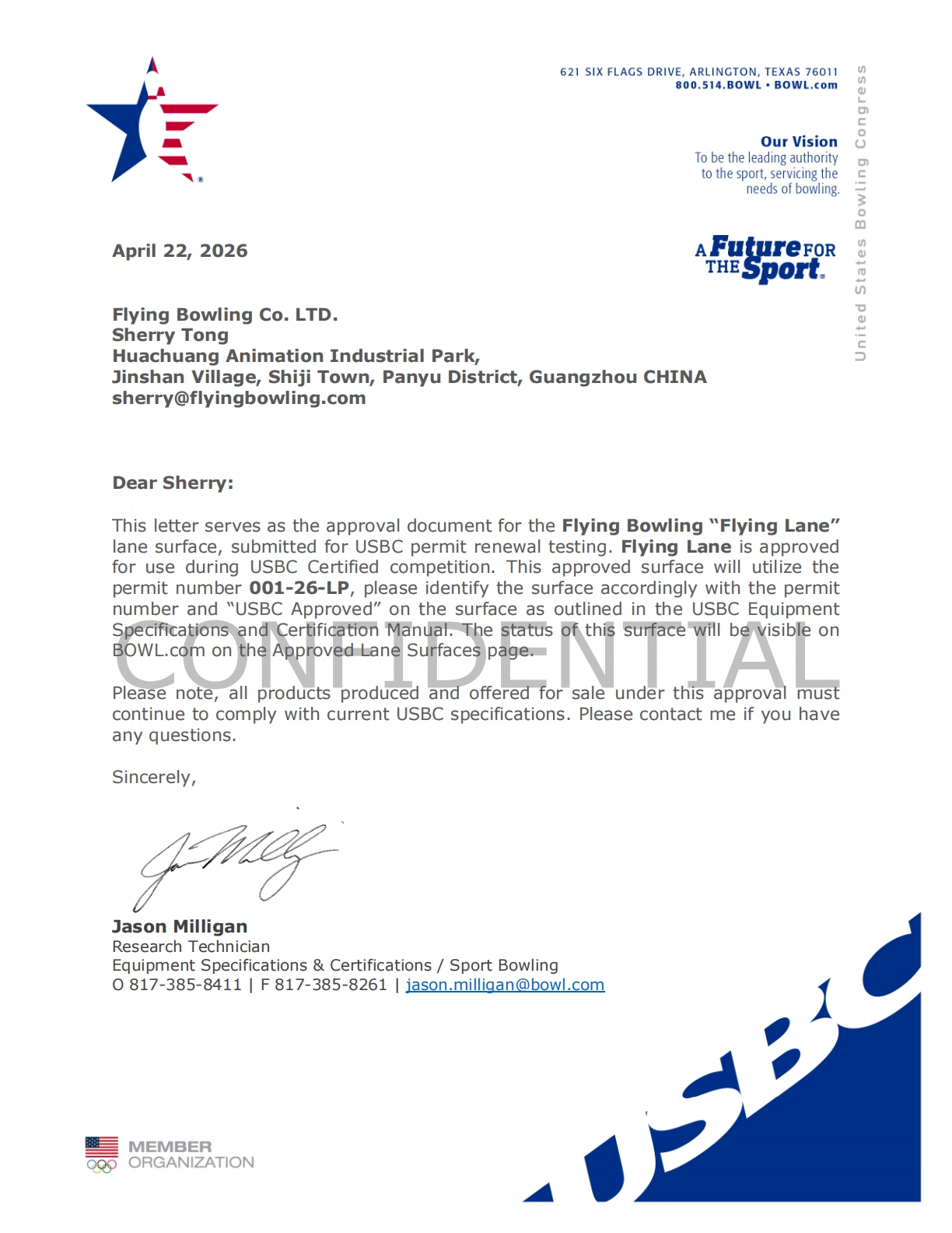 Flying Bowling Lane Surface Approval Letter