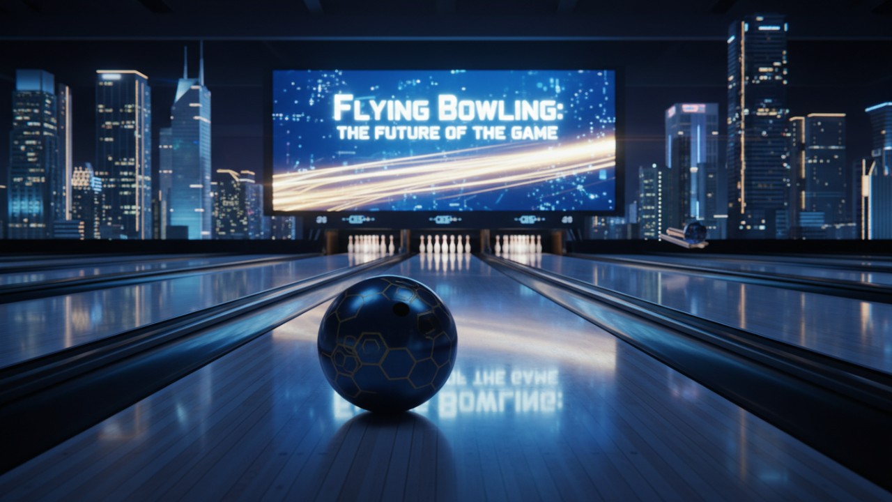 Futuristic digital art of a bowling lane and a glowing billboard featuring the Flying Bowling brand name representing the industry's future.