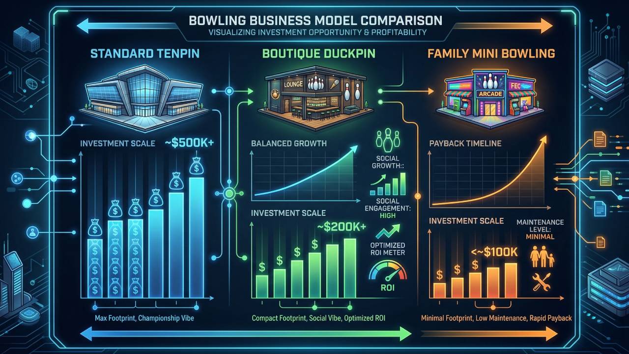 Infographic comparing the 2026 investment scale, footprint, and ROI for Standard Tenpin, Boutique Duckpin, and Family Mini Bowling venues. Infographic comparing the 2026 investment scale, footprint, and ROI for Standard Tenpin, Boutique Duckpin, and Family Mini Bowling venues.