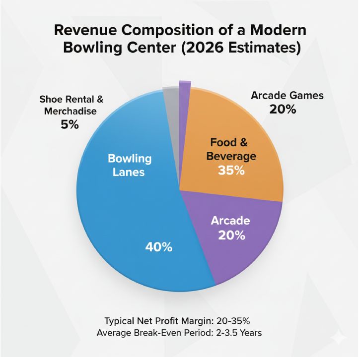 Revenue breakdown of a profitable bowling alley business model.