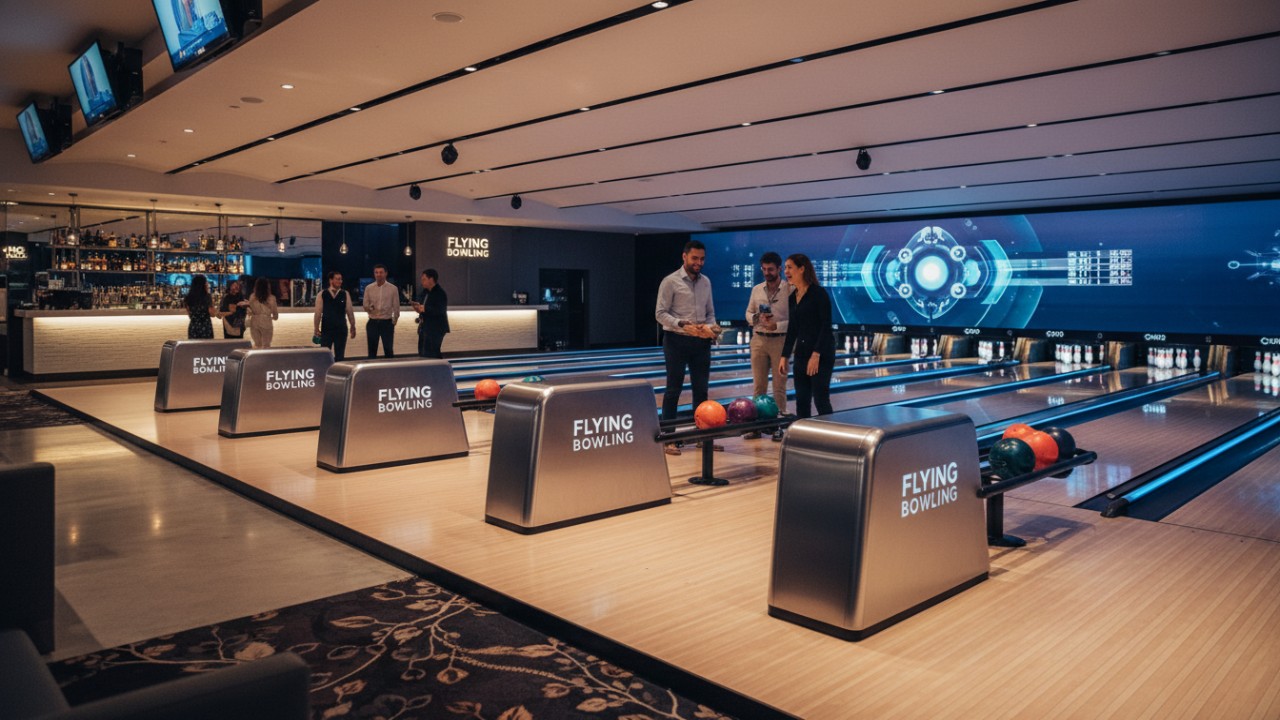 Wide view of a modern bowling center with multiple lanes equipped with Flying Bowling certified string pinsetters.