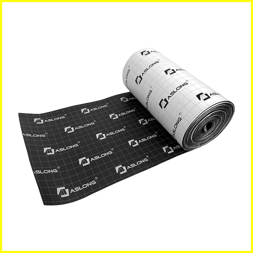 A roll of black adhesive rubber foam insulation sheet with Aslong branding and grid lines.