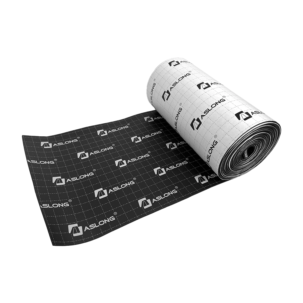 A roll of black adhesive rubber foam insulation sheet with Aslong branding and grid lines.