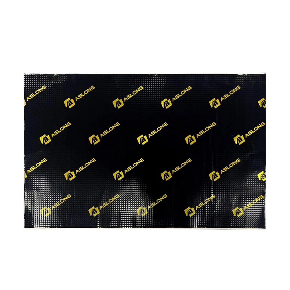 Aslong brand black sound dampening material sheet with yellow logo.