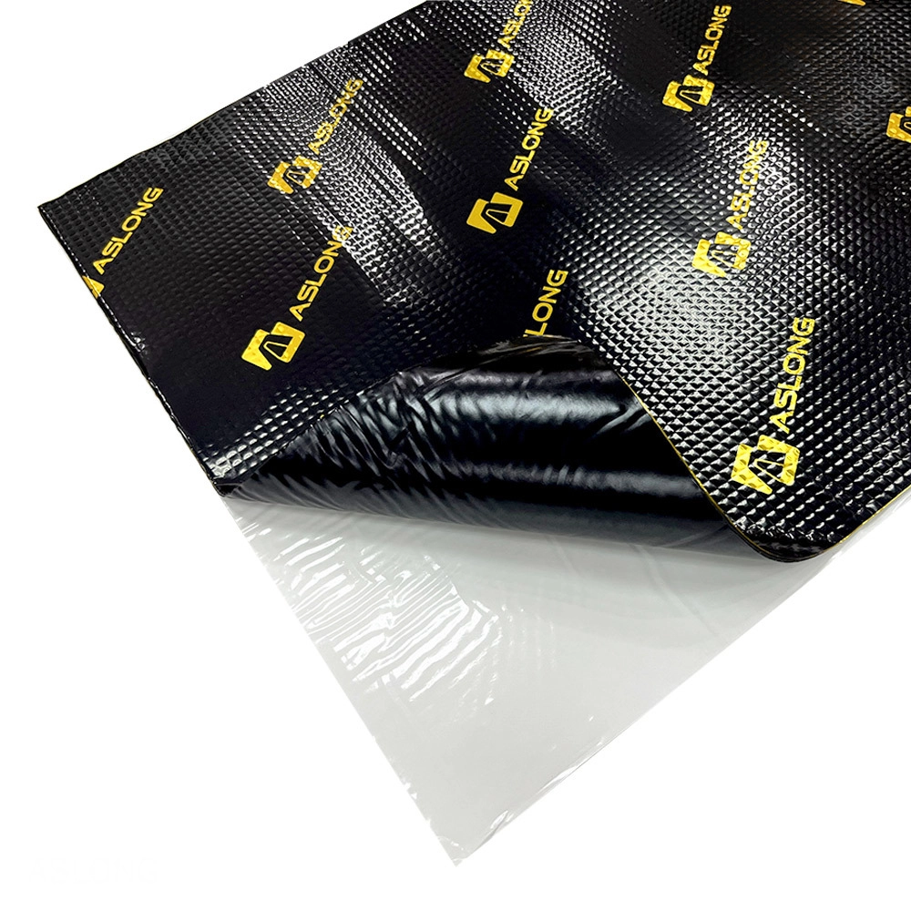 Aslong black sound dampening sheet with textured surface.