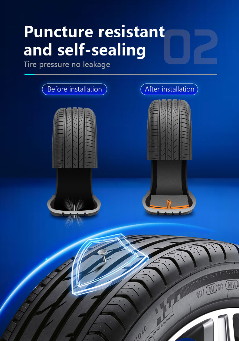 Puncture-resistant and self-sealing tire demonstration, showing tire before and after puncture with sealant layer installed.