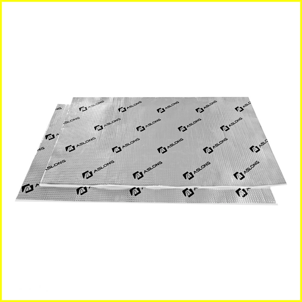 Sheets of ASLONG sound insulation material with a silver, textured surface.
