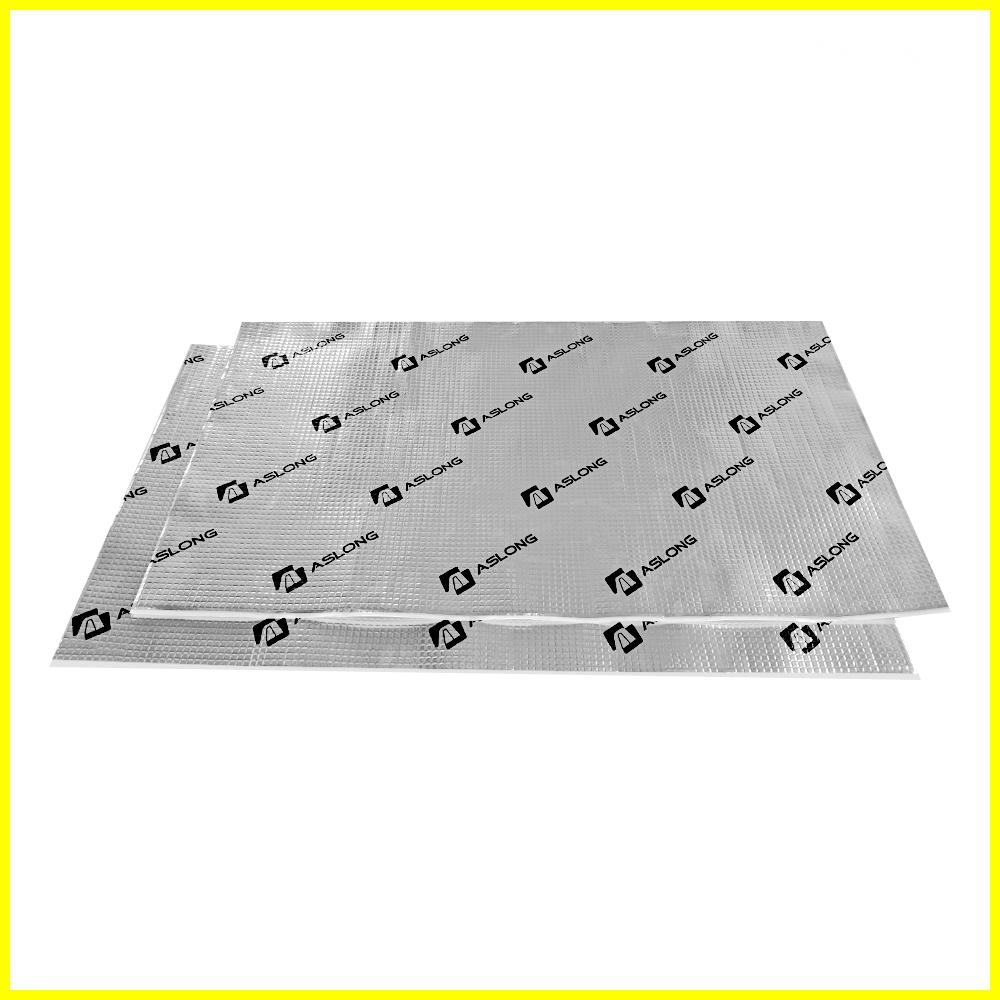 Sheets of ASLONG sound insulation material with a silver, textured surface.