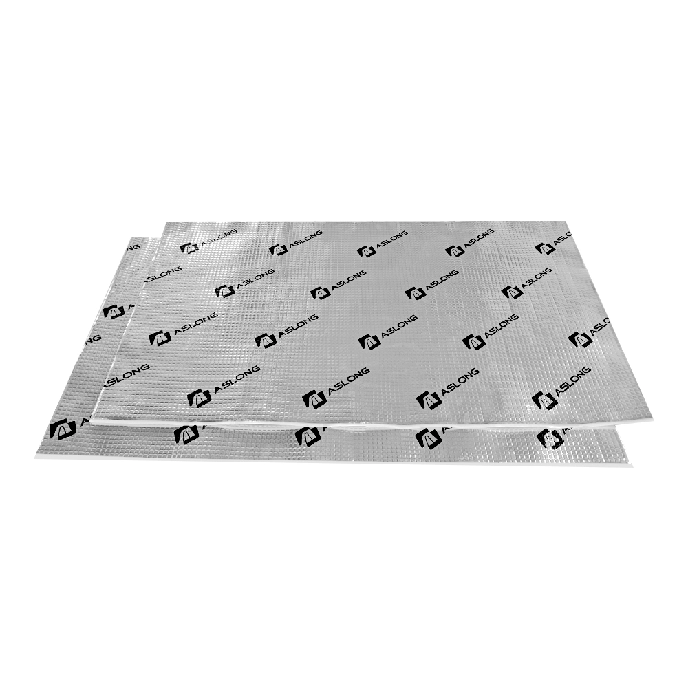 Sheets-of-ASLONG-sound-insulation-material-with-a-silver,-textured-surface. Sheets of ASLONG sound insulation material with a silver, textured surface.