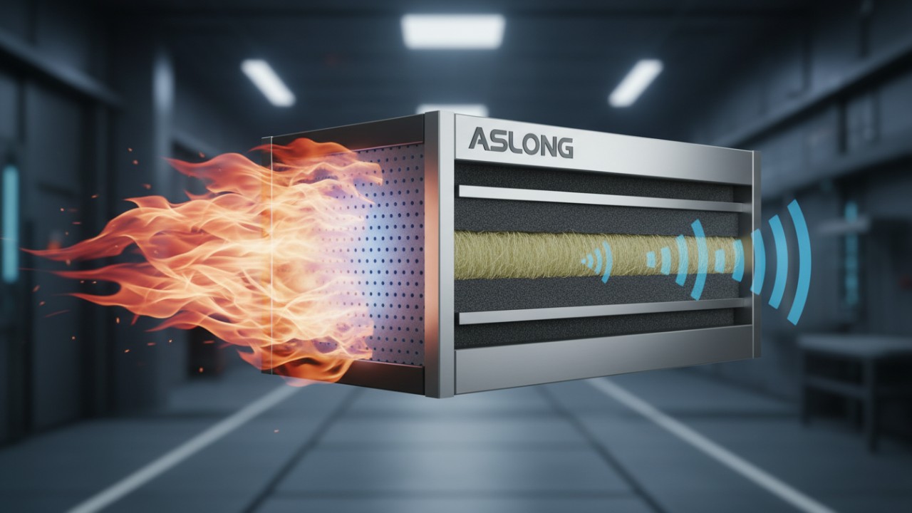 A 3D cross-section illustration showing a fireproof sound insulation board resisting flames and absorbing sound waves with the ASLONG brand name on the frame.