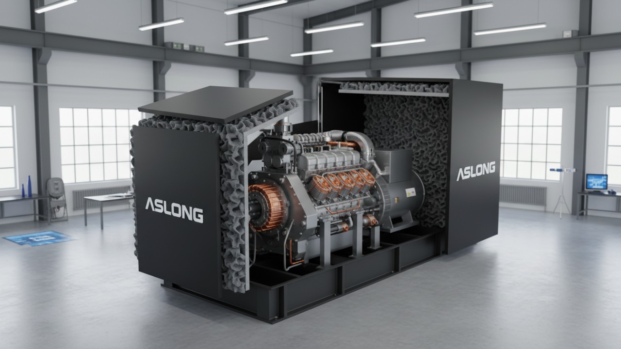 A 3D isometric cutaway showing layers of industrial noise insulation panels with the ASLONG brand name on the material