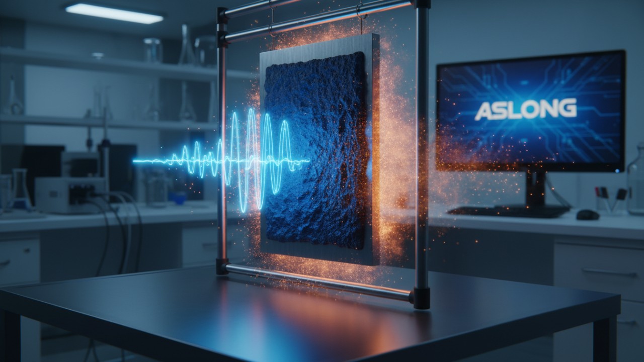 A 3D scientific visualization of acoustic damping materials converting sound vibrations into heat with ASLONG branding on a computer screen.