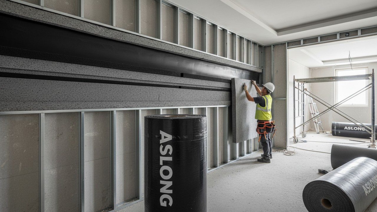 A detailed 3D cross-section view of multi-layered hotel acoustic insulation materials including MLV and butyl rubber featuring ASLONG branding.