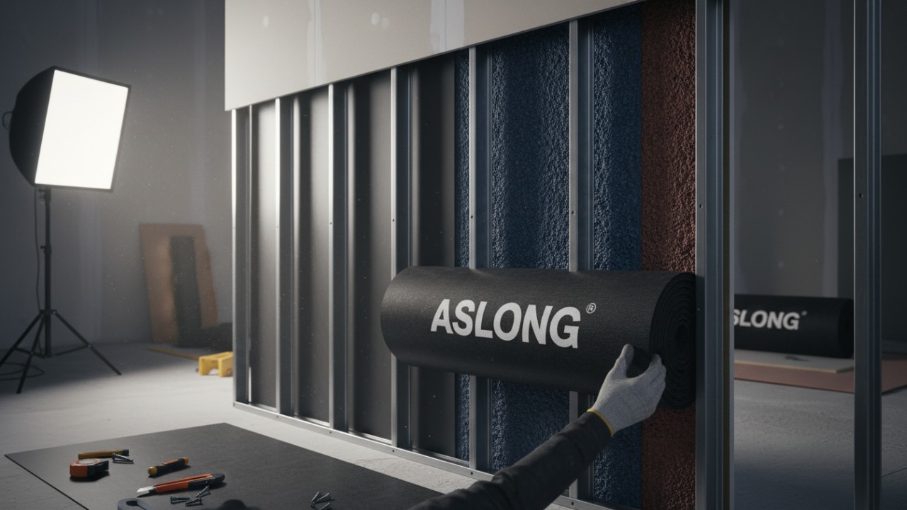 A detailed wall cross-section showing professional studio sound insulation materials with the ASLONG brand name visible on a product roll.