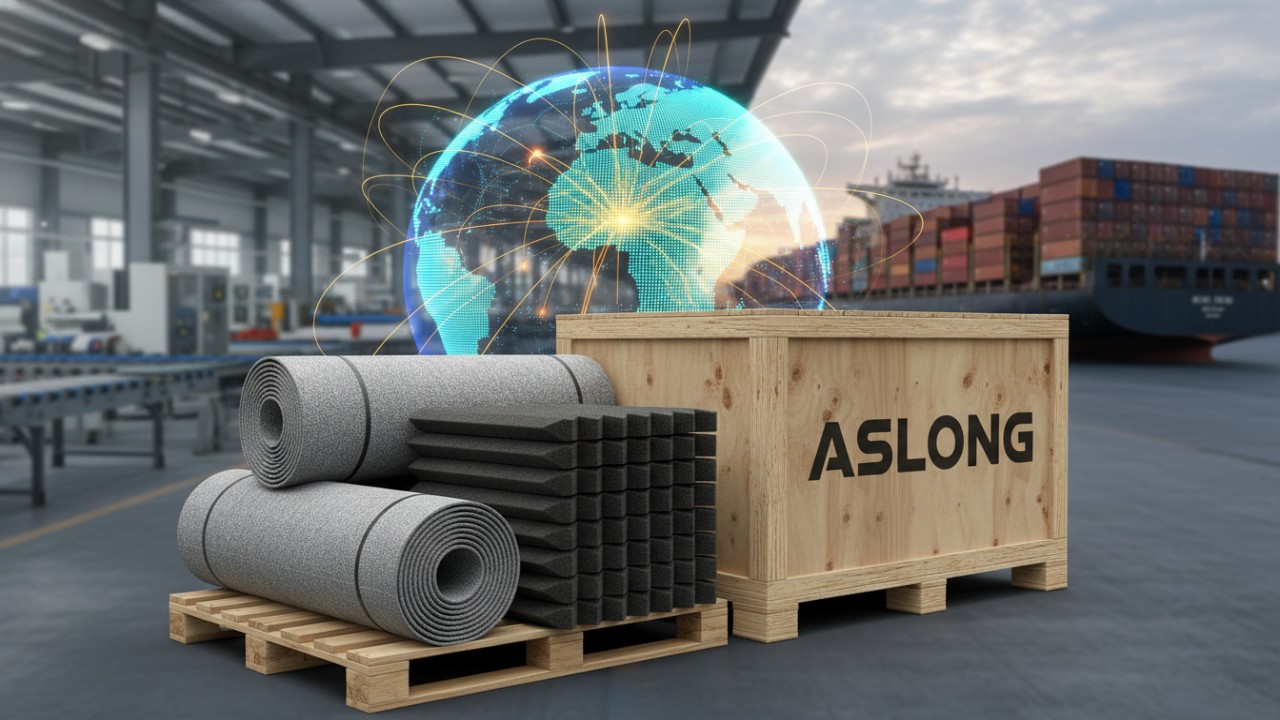 A global logistics illustration featuring sound insulation products and shipping crates branded with the name ASLONG.