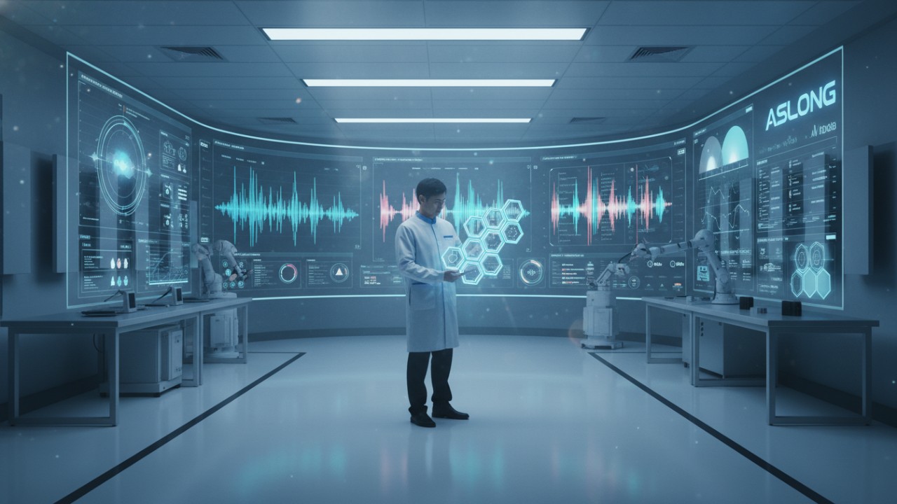 A high-tech laboratory setting with a scientist examining an acoustic metamaterial panel and the ASLONG logo displayed on a digital screen.
