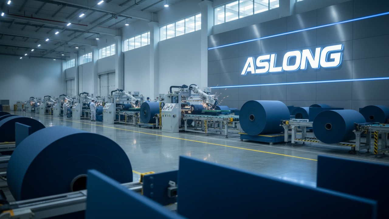 A large-scale manufacturing plant for soundproofing materials with a prominent ASLONG brand sign on the factory wall.