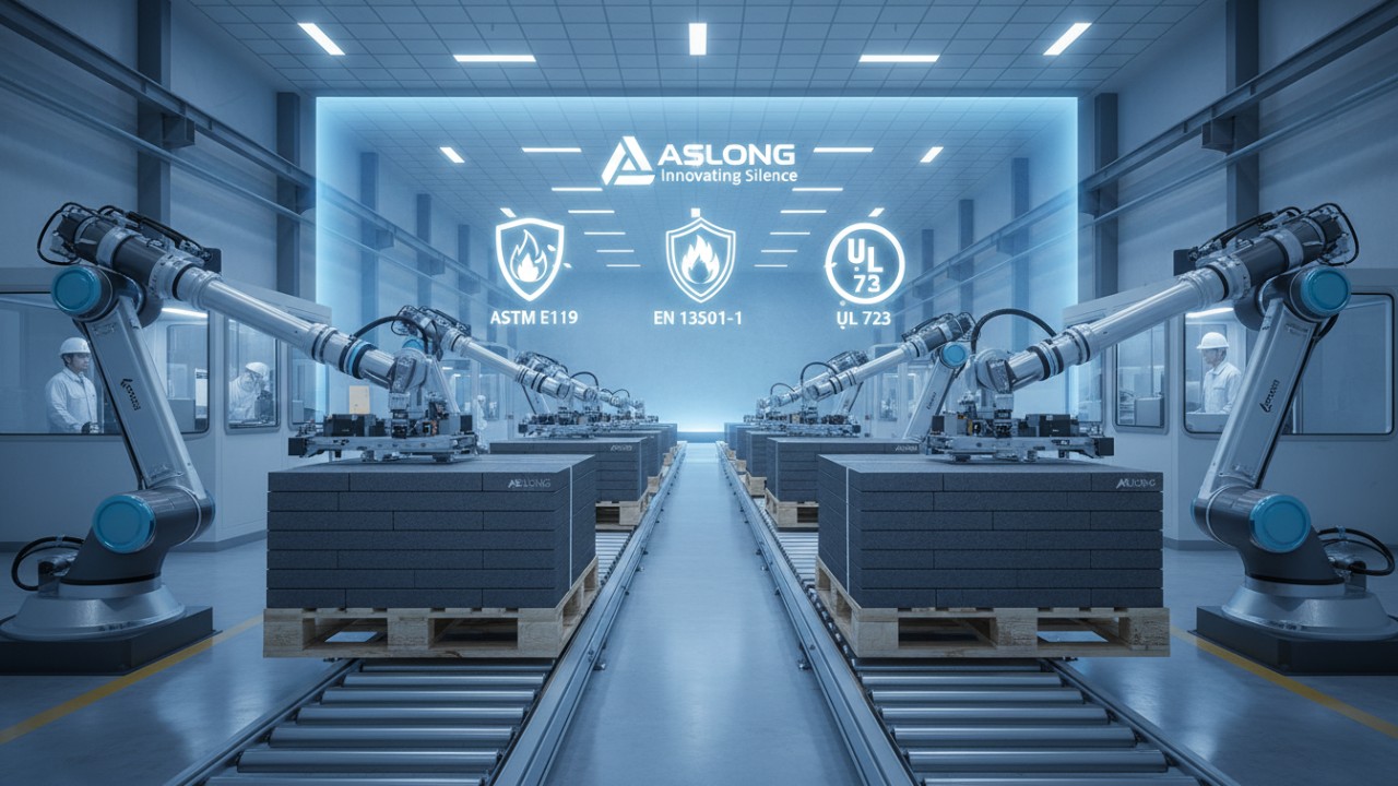 A modern automated factory floor producing safety-certified acoustic panels with a digital display showing the ASLONG logo.