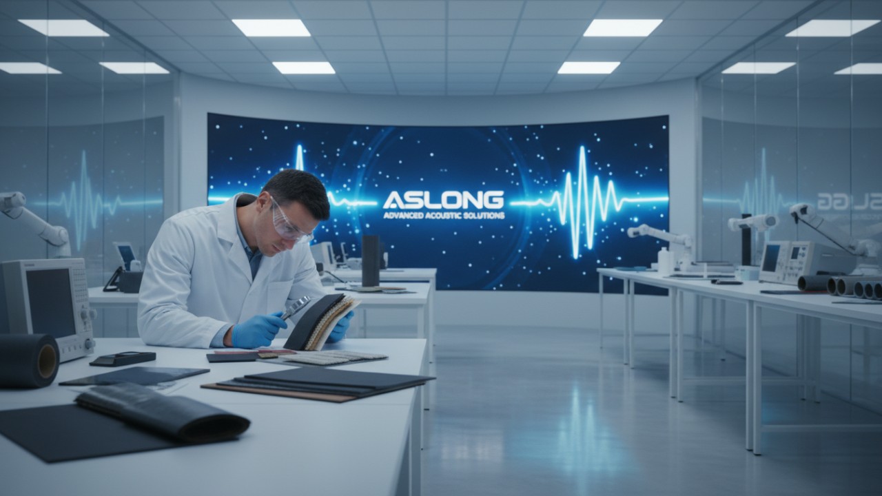 A modern laboratory showing advanced sound insulation materials with the ASLONG brand name on a digital screen