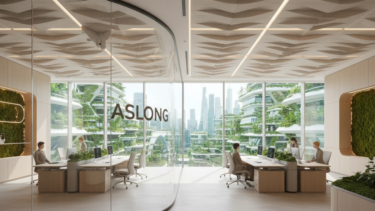 A modern sustainable office space overlooking a green city featuring ASLONG branding on a glass partition.