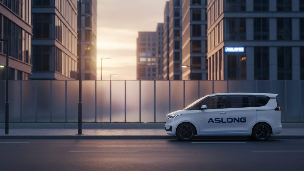 A peaceful city landscape at dusk featuring an ASLONG branded vehicle representing the future of sound insulation
