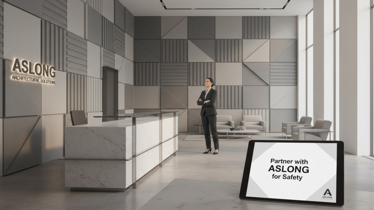 A peaceful modern office interior featuring acoustic panels and a tablet displaying the ASLONG brand name.