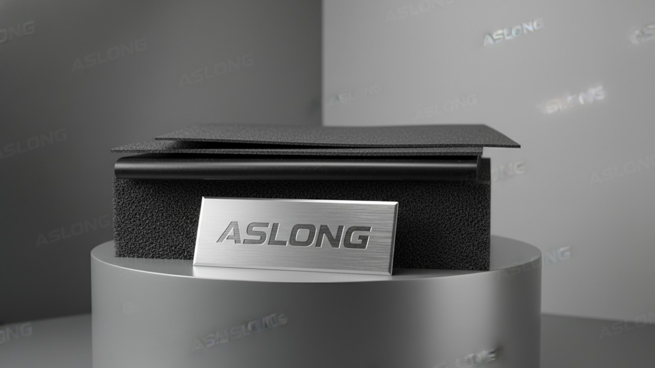 A professional display of MLV, Butyl Rubber, and NBR Foam sound insulation materials with an ASLONG branded plaque.